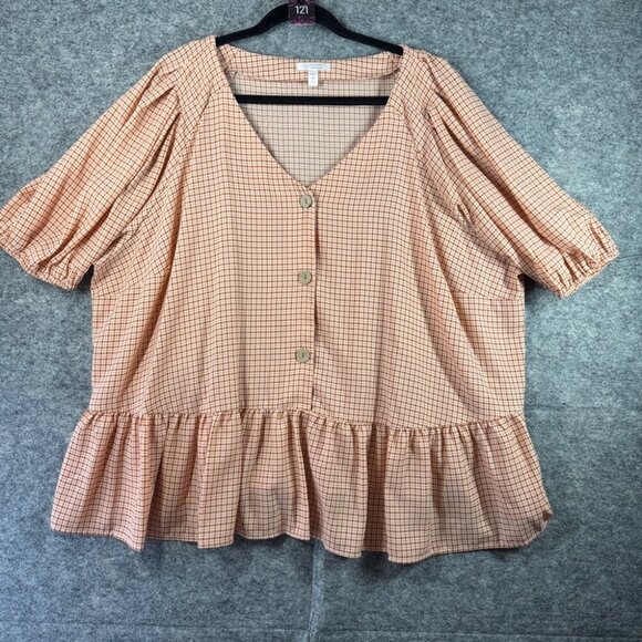 LC Lauren Conrad White Orange Preppy Plaid Balloon Sleeve Peplum Top Size 4x - Picture 2 of 12